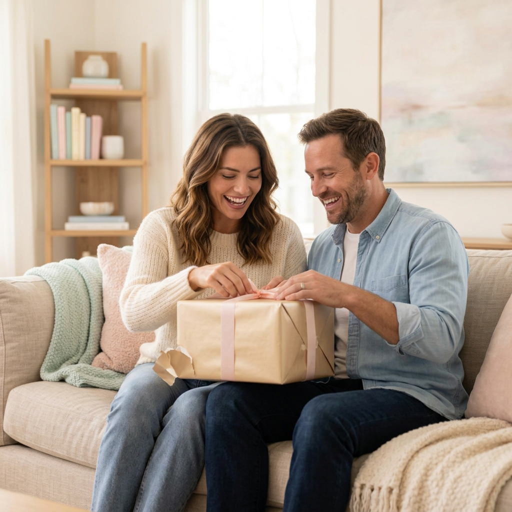 A couple opening an anniversary gift